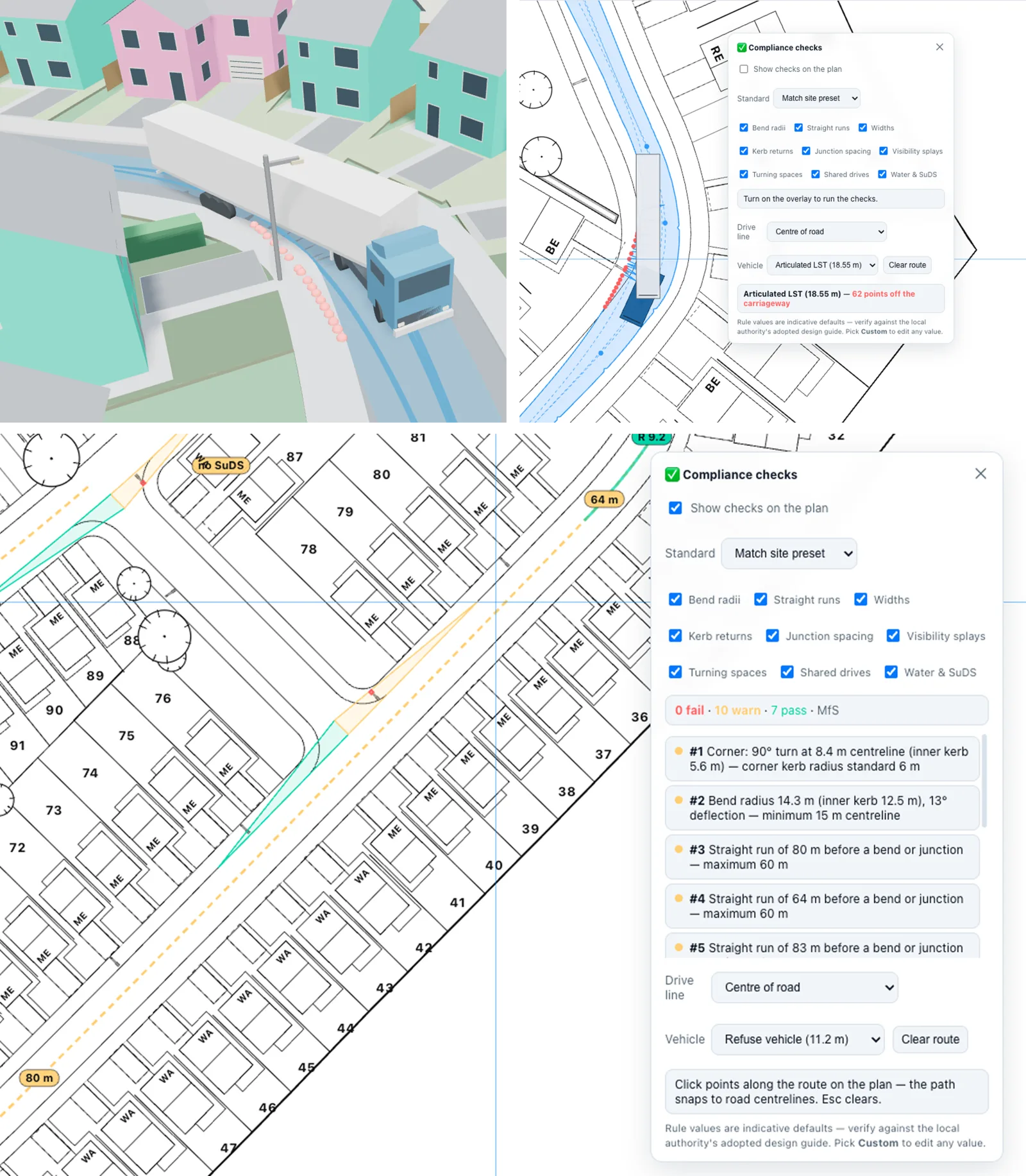 Airship Site Designer compliance checks — an articulated lorry tracked through a junction in 3D, the swept path drawn on the plan with points off the carriageway flagged in red, and the compliance panel listing numbered findings against Manual for Streets