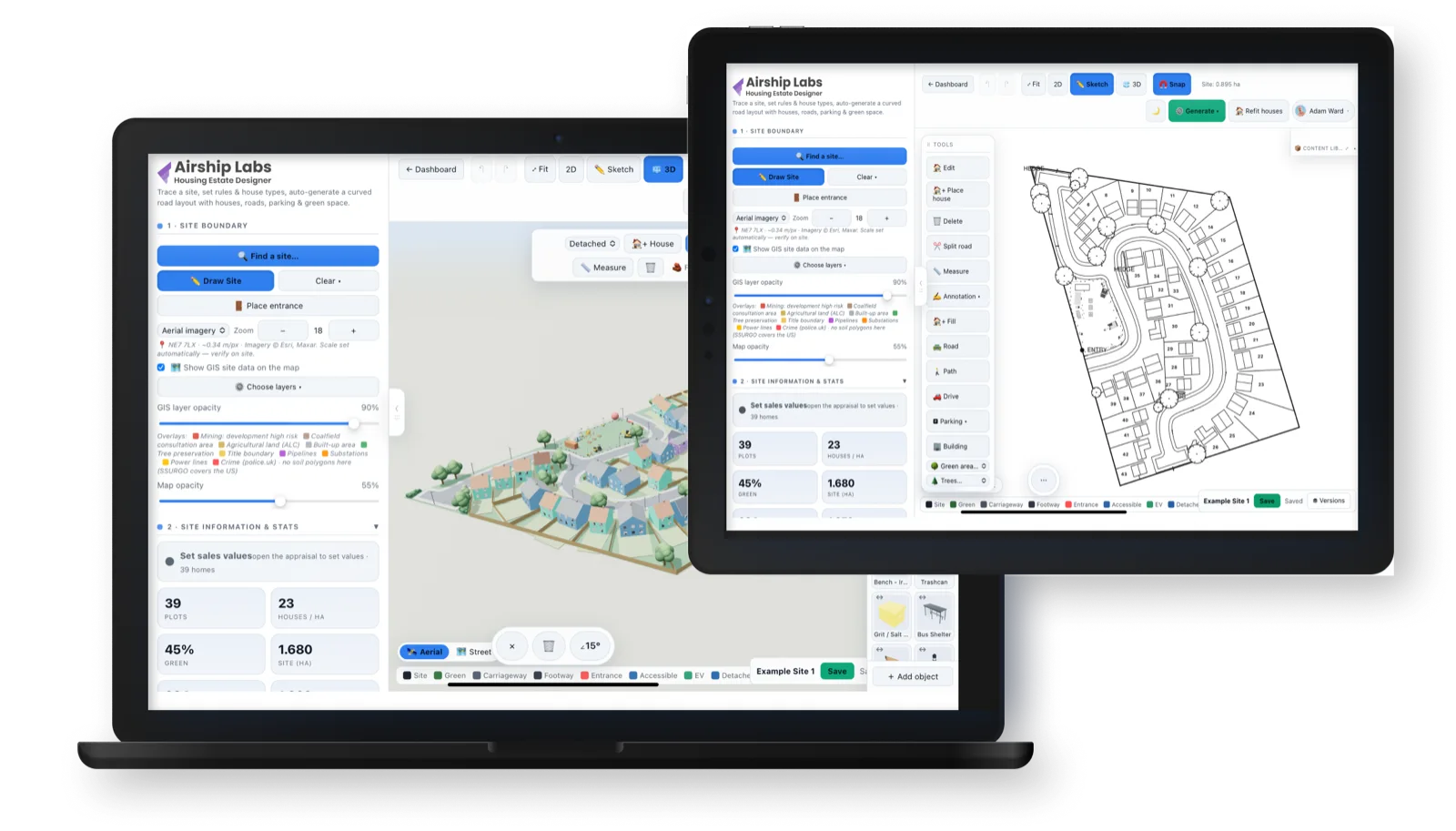 Airship Site Designer running side by side — the 3D estate view on a laptop and the black-and-white planning sketch on an iPad