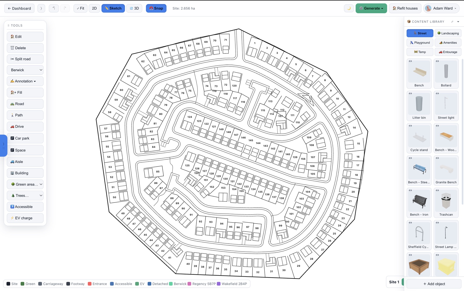 A Gen 2 organic layout — a flowing primary street with courts off it.