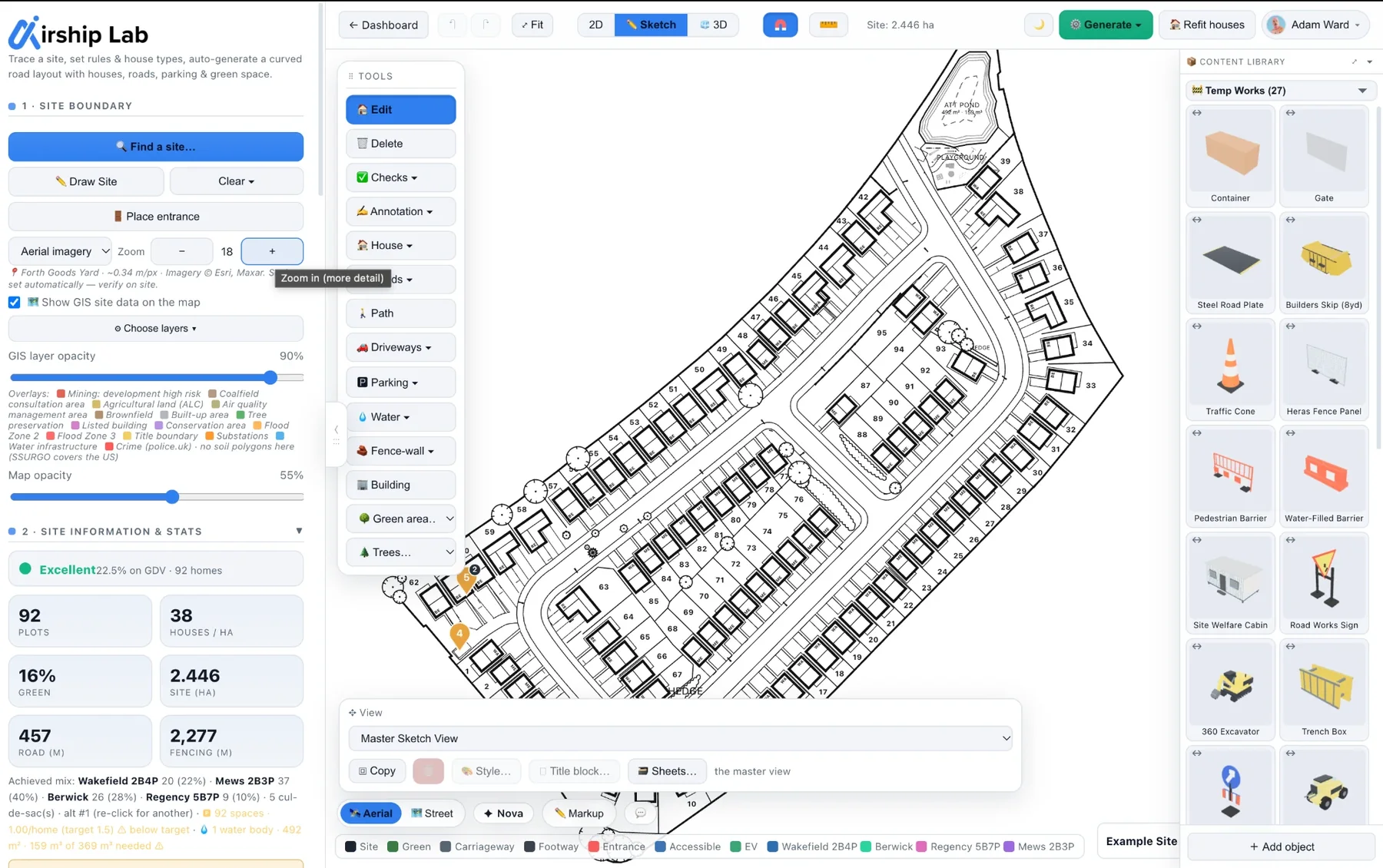 The Airship Site Designer interface — site boundary and GIS layer controls with live scheme statistics, a generated housing-estate layout in the black-and-white planning sketch view, and the 3D content library